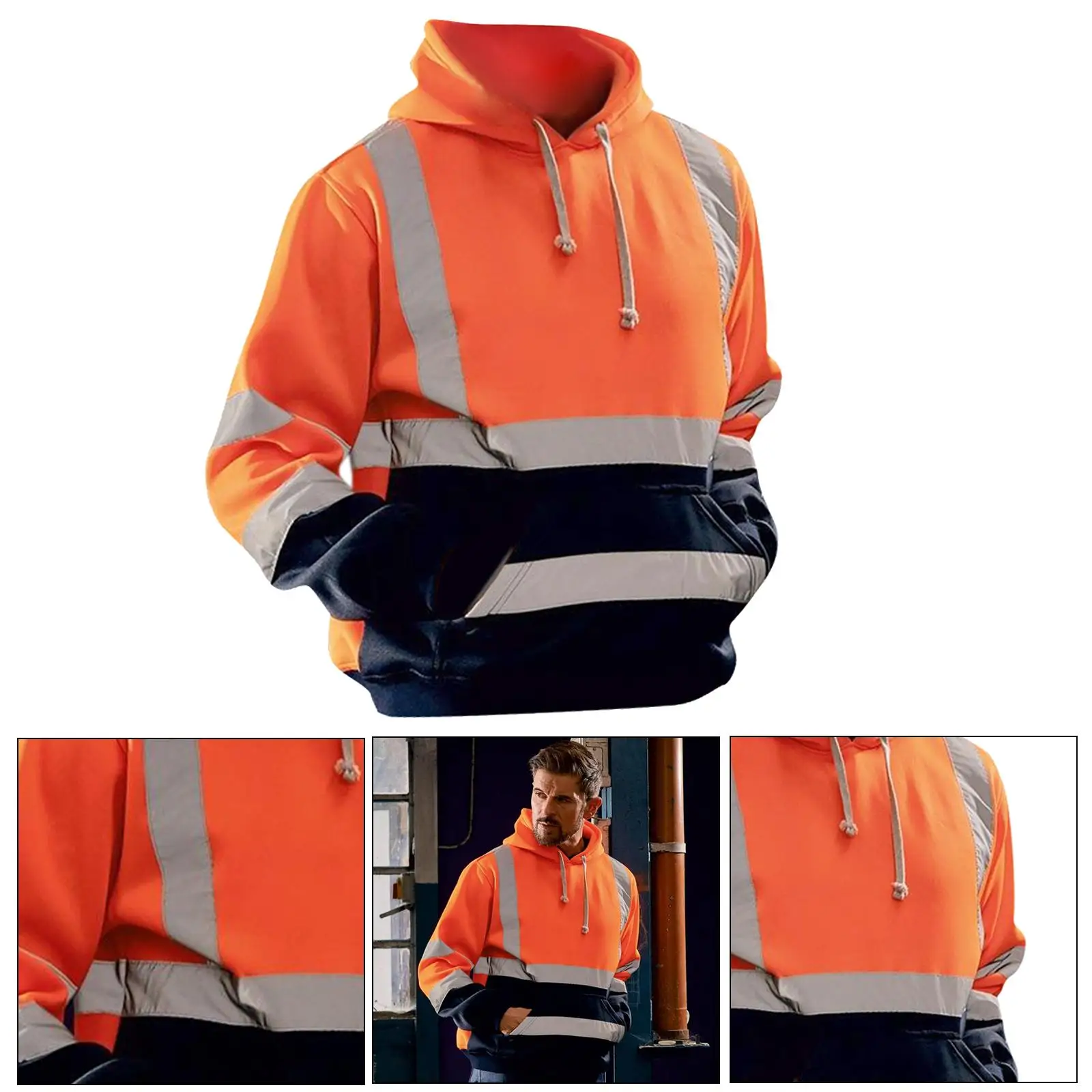 Safety Hi Vis Pullover Mens Hooded Sweatshirt Streetwear Tops Warehouse Work Roadside Emergency