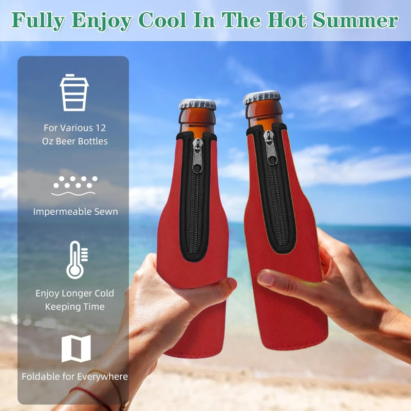 2Pcs Beer Bottle Cooler Sleeves With Ring Zipper Collapsible Neoprene Insulators For 12oz 330ml Bottles Party Drink Thermos