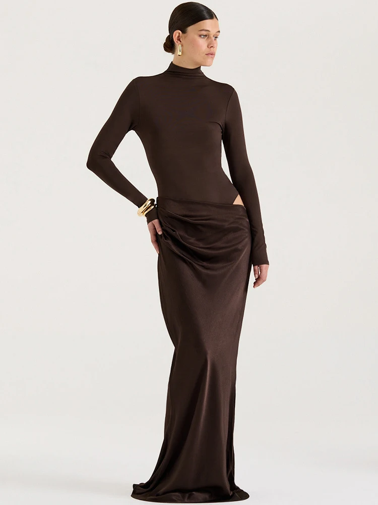 Mozision Autumn Long Sleeve Sexy Maxi Dress Women Fashion Hollow Out Turtleneck Ruched Bodycon Club Party Long Dresses Female