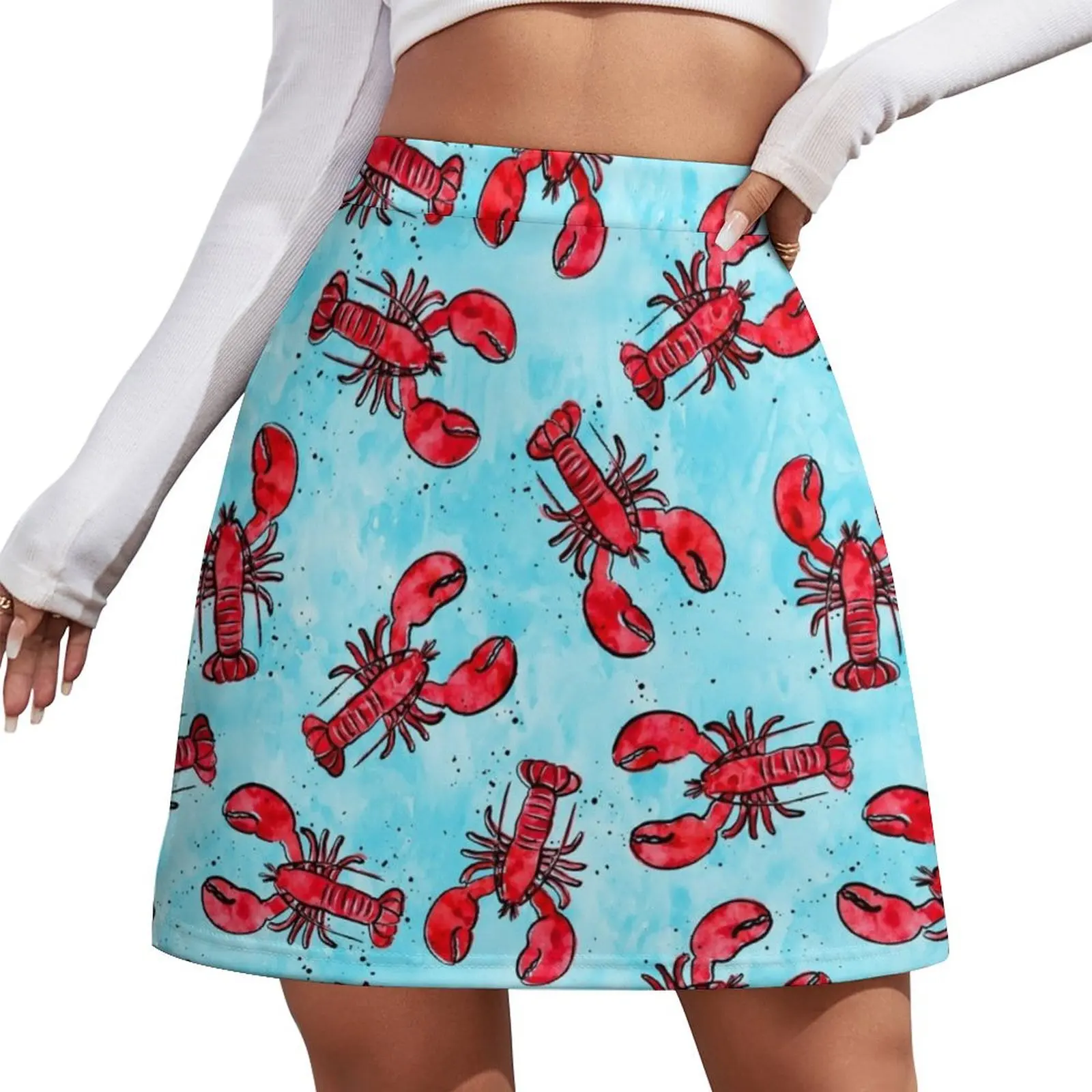 

lobsters - ink and watercolor - red on blue Mini Skirt fairy grunge Women's summer skirts Woman skirt