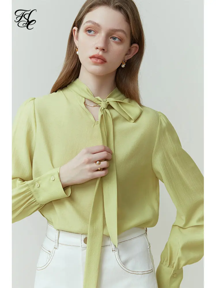 FSLE Korean Style Stand Collar Solid Shirt for Women Spring Autumn Double Wear Bow Ribbon Shirt Acetate Fiber Female Blouses