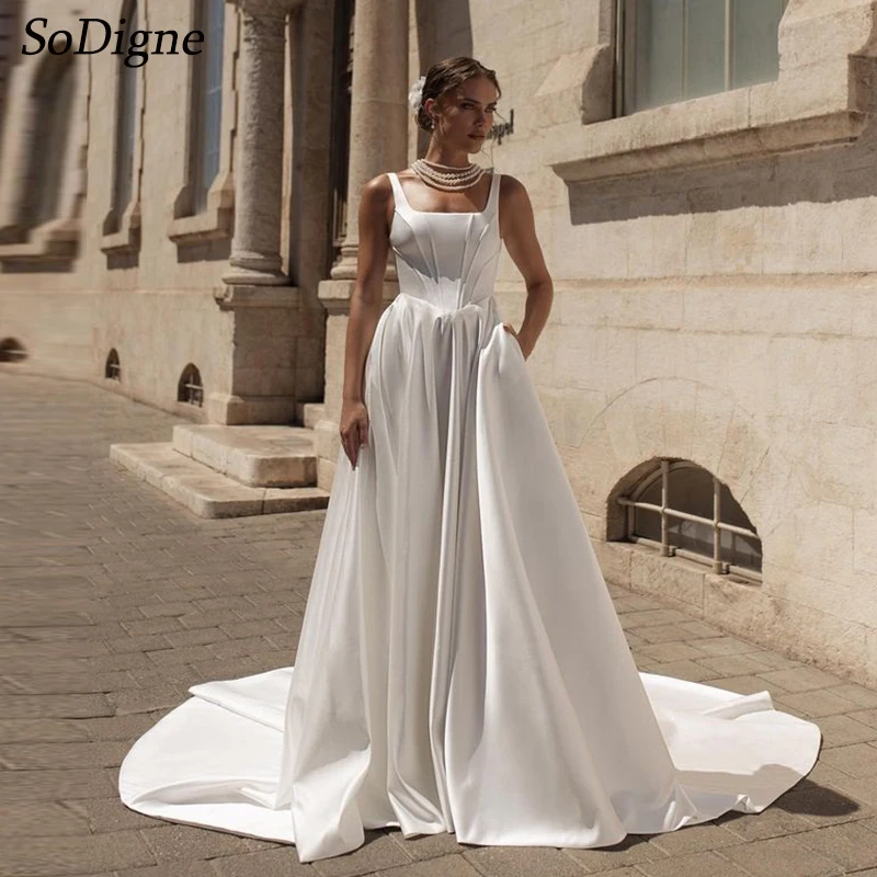 SoDigne A-line Elegant Wedding Dresses Square Collar Sleevless Satin Bridal Dress Long Simple Wedding Gown 2025 Robe De Mairee