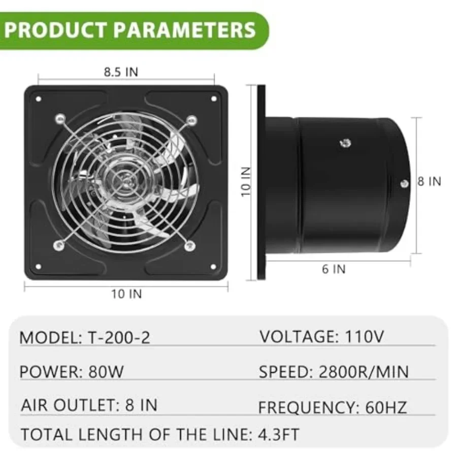FirmHome Store8 Inch Exhaust Fan, 530CFM Kitchen Exhaust Fan With Speed Controller, 110V 80W Wall Mounted Vent Fans With Damper