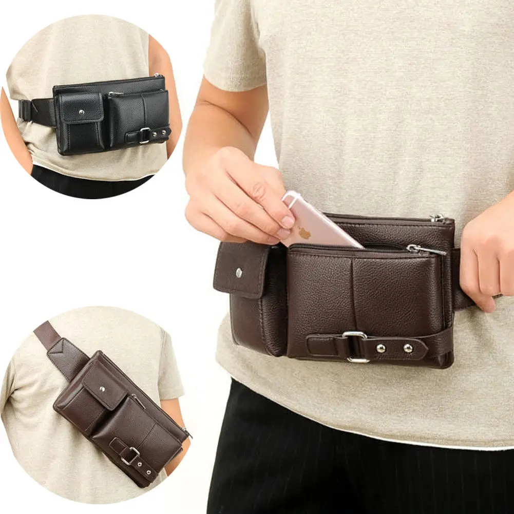 Multi Pocket Fanny Pack PU Leather Waist Bag Slim Shoulder Bag Hip Purse Adjustable Belt Strap Casual Pouch Outdoor Day Bag