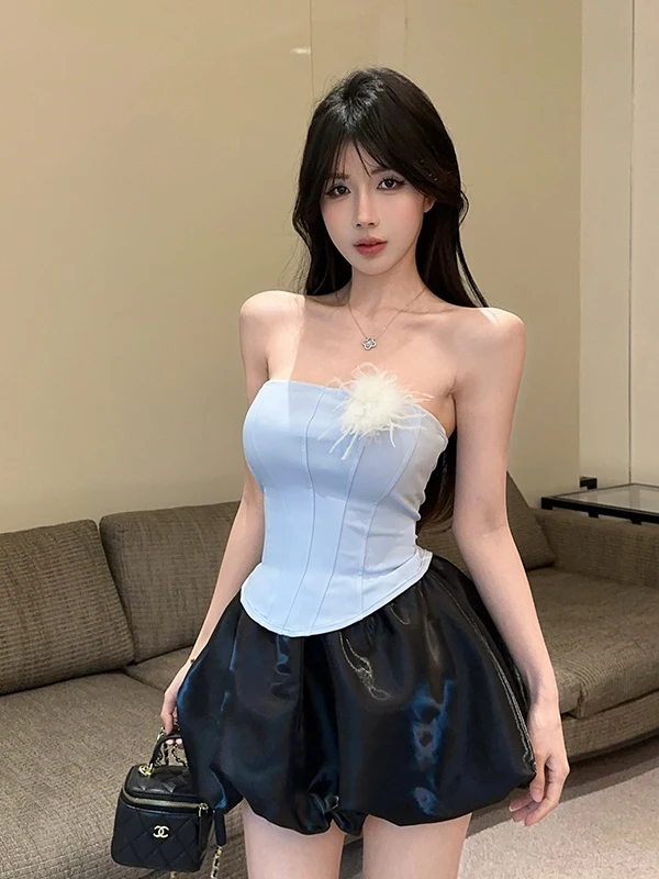 

Summer Sexy Fibone Women's Top And Skirt Set Trendy Two Piece Suit Spicy Girl Flir Bubble Skirt Attractive Crop Top