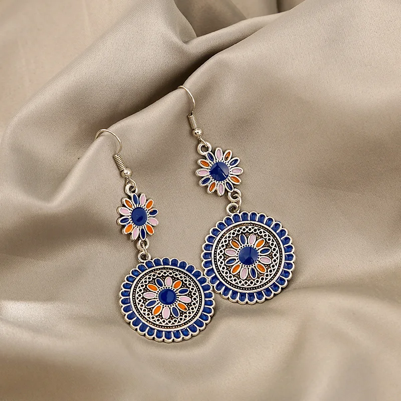 European and American exaggerated retro Bohemian earrings alloy drip oil circular sunflower ear hook retro ethnic style earrings