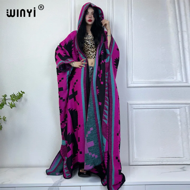 WINYI African Winter coat outfits Women high quality dress Loose autumn Female kaftan poncho dress Hooded mop coat fashion Abaya