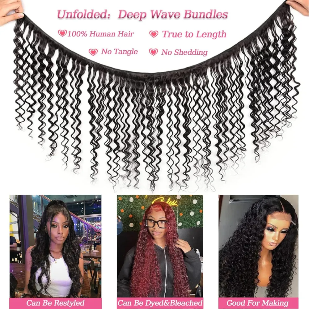 Bundles brésiliens de cheveux humains Deep Wave avec fermeture, dentelle noire naturelle, extensions de cheveux humains, 13x4, document # 1B, 100%