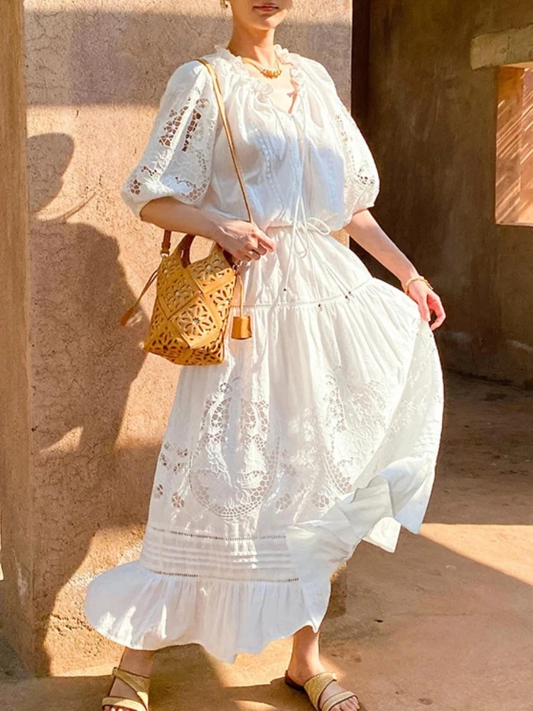 

French Vacation Style Embroidered White Blouse & Lace Floral Midi Skirt Women Summer 100% Cotton Hollow-Out Two-Piece Dress Set