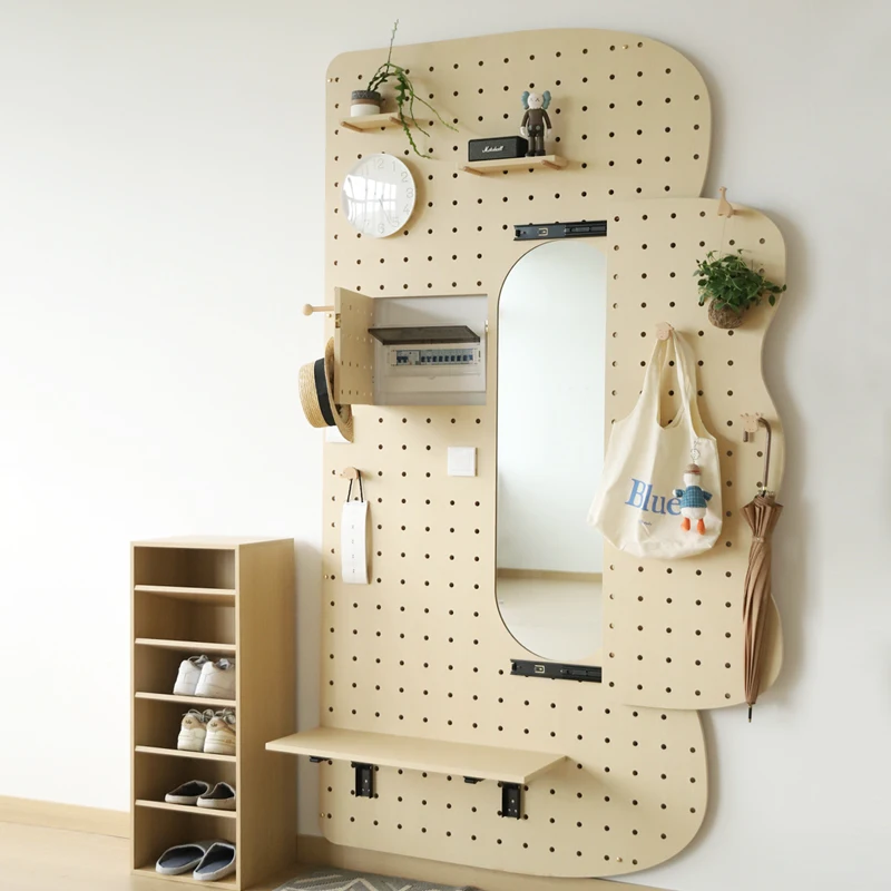 

Cave board entrance shoe change stool full length mirror integrated wall birch hanging board storage