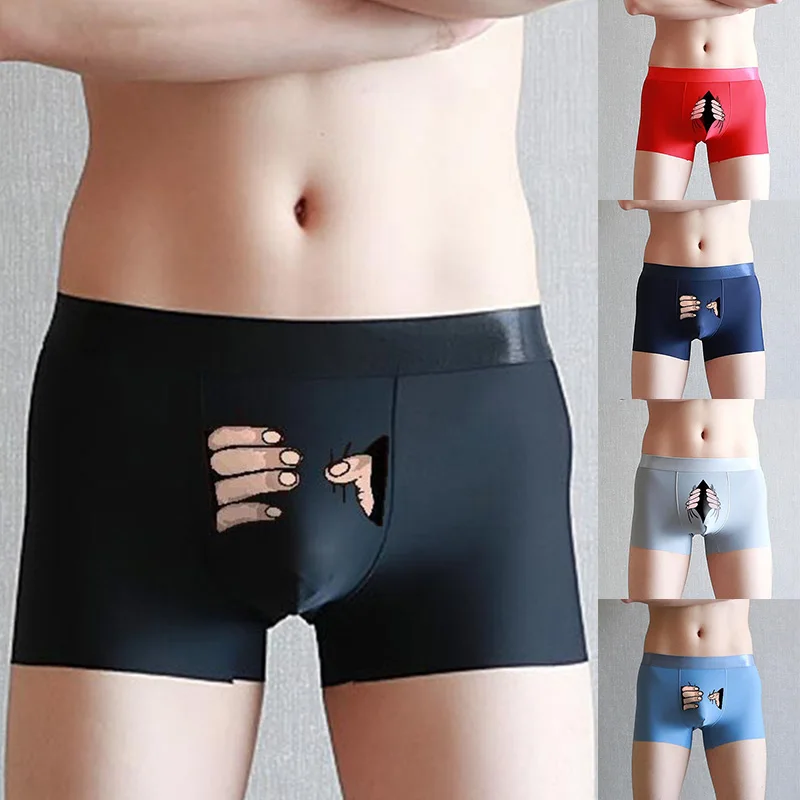 Men Underpants Funny Men\'s Boxershorts Briefs Cartoon Hand Print Underwear Summer Ice silk Breathable Sexy Male Panties Gifts