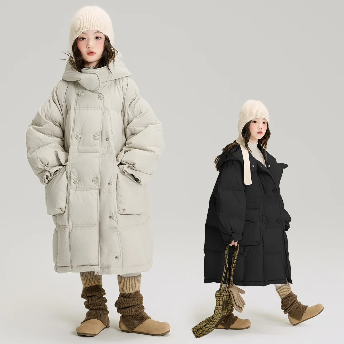 4-14 teen Children girls down cotton-padded jacket,junior kid thick mid-length cold-proof Outerwear coat Hooded overcoat clothes