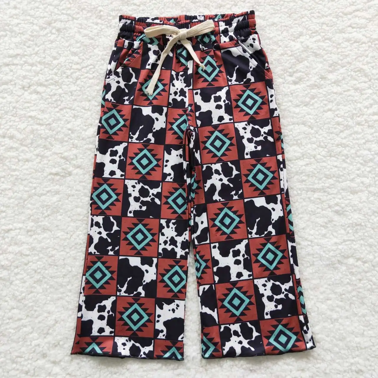 Mucca modello geometrico bambino abbigliamento 6-12M pietra mucca fiore latte seta pantalone campana fondo all'ingrosso neonata P0140