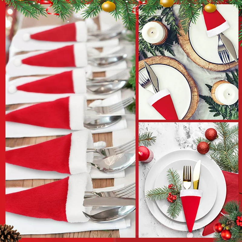 20-100Pcs Christmas Santa Hats Tableware Knife Fork Set Holder Xmas Wine Bottle Dinner Table Silverware Holders Party Decoration