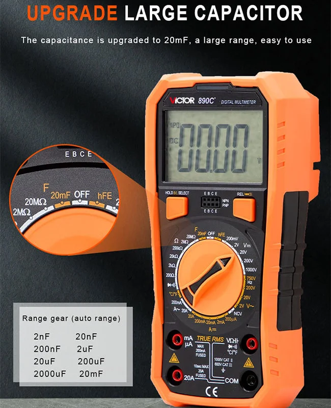 VICTOR Digital Multimeter VC890D/890C + Temperature Measurement Backlight VC890E Anti-burn Shutdown Plus 2000uF