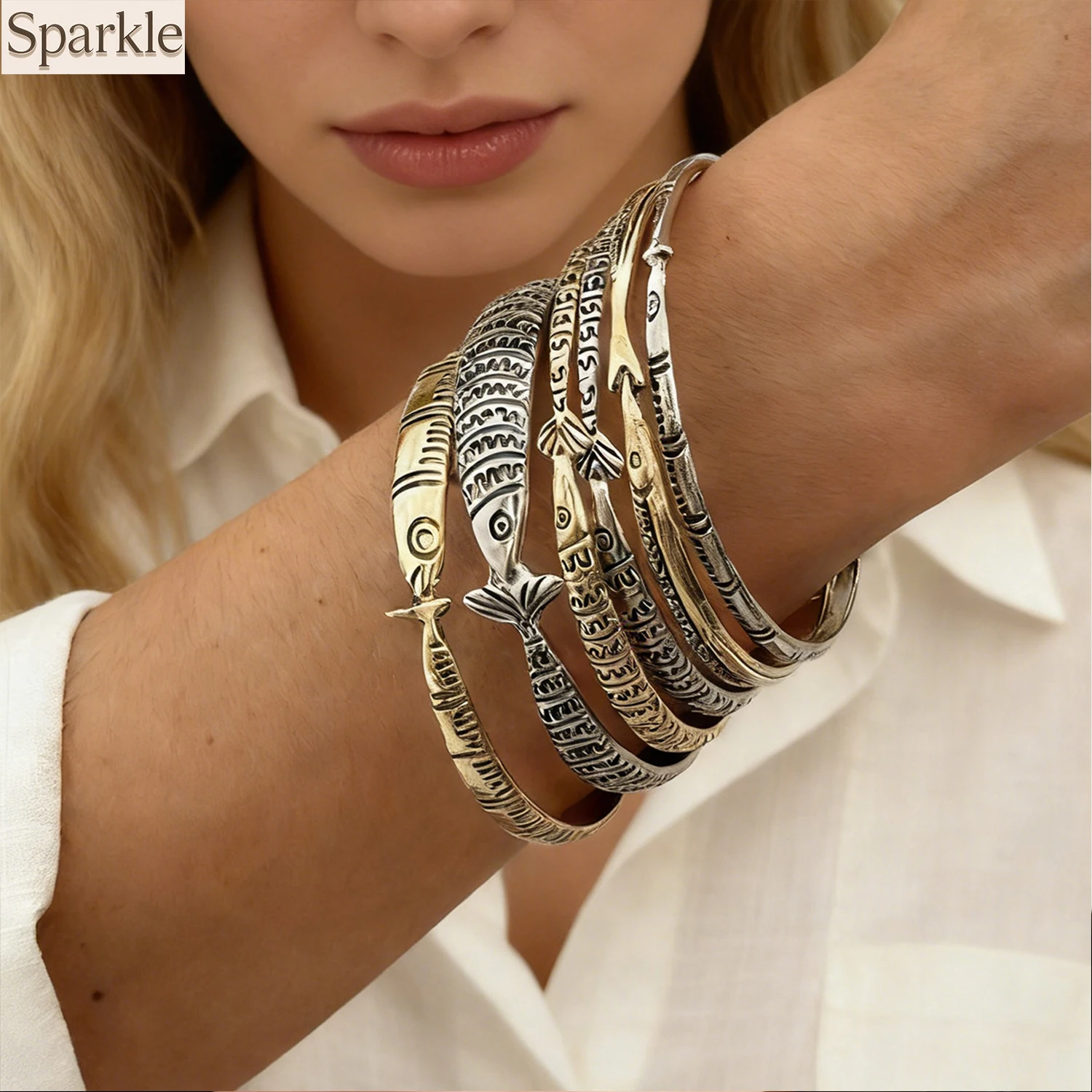 6Pcs/Set Creative Animal Fish Pattern Bangle Set Silver Ocean Fish Metal Stacked Asymmetry Punk Ethnic Style Bracelet Jewelry