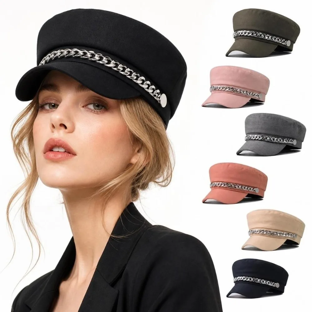 Vintage Rhinestone Chain Decor Newsboy Cap Vintage Twill Fabric Flat Top Baker Boy Hat Short Brim Beret Hat Casual Outdoor Use