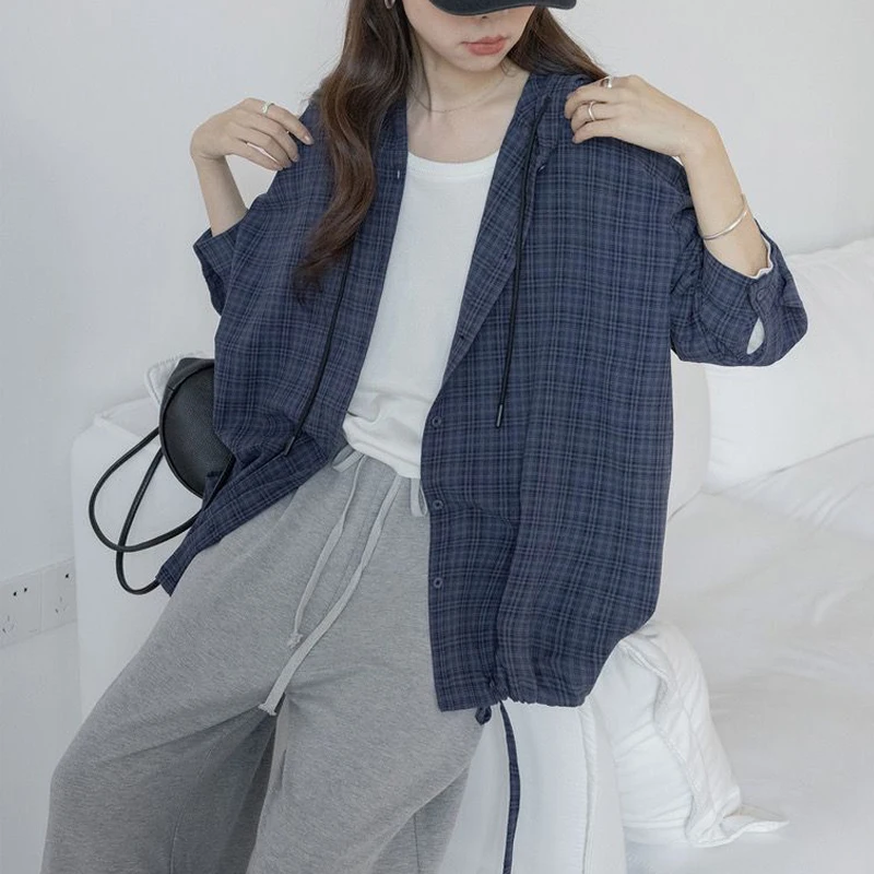 Korean Chic Plaid Hooded Sun Protection Shirt Women's New Drawstring Art Loose Casual Retro Top Coat Long Sleeve Button Closure