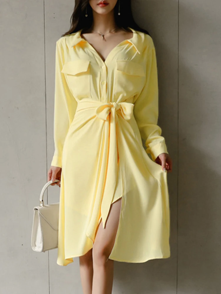 Korean 2 Piece Outfits Elegant Women Temperament Casual Shirt Wrap Slit Mini Dress Street Beach Midi Skirt Mujer Femme Slim Sets