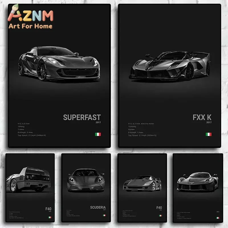 AZNM Ferrari FXX K Superfast Canvas Wall Art Italian Supercar Spec Poster Unframed Canvas Print for Garage Decor