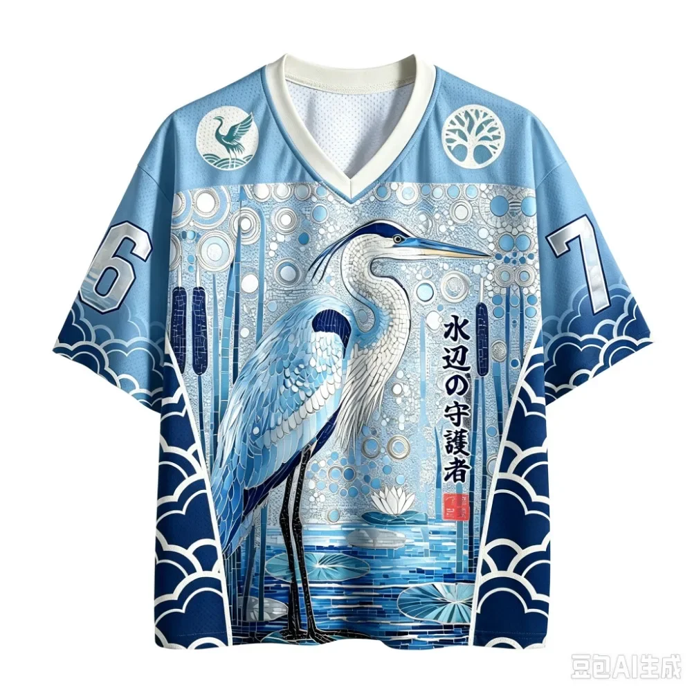 Unisex Japanese Ukiyo-e Heron Lotus Pond Full 3DPrint VNeck Jersey Fashion StreetTShirt Summer Loose Breathable Short Sleeve Tee