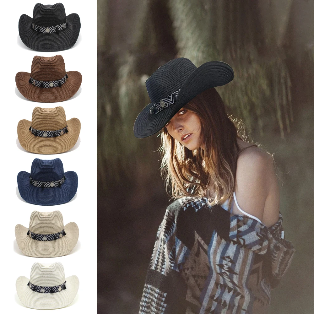 

Men Women Soft Straw Western Cowboy Hats Wide Brim Sunhat Party Travel Outdoor Caps Classical Retro Sombrero UK Size L US 7 1/4