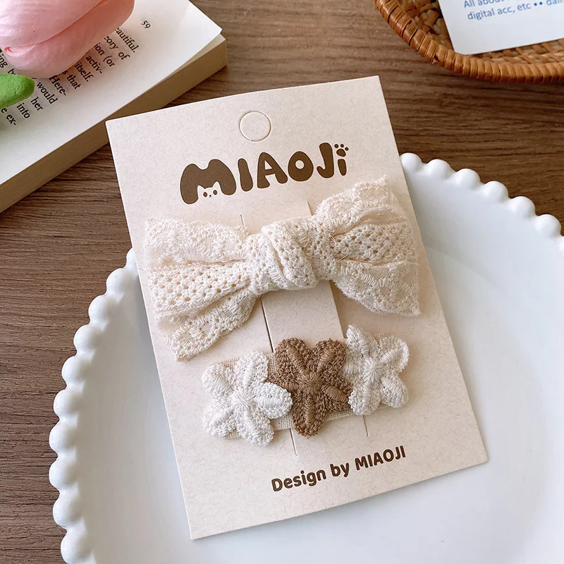 2025 Hot Sale Ins Style Cream Embroidery Lace Ribbon Bowknot Crocheted Flower Front Hairpin Women Sweet Retro Hair Clips