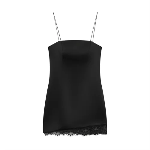 Vestido de mujer 2025 otoño nuevo estilo negro Spaghetti Strap satén-encaje Patchwork Mini vestido Sexy y elegante