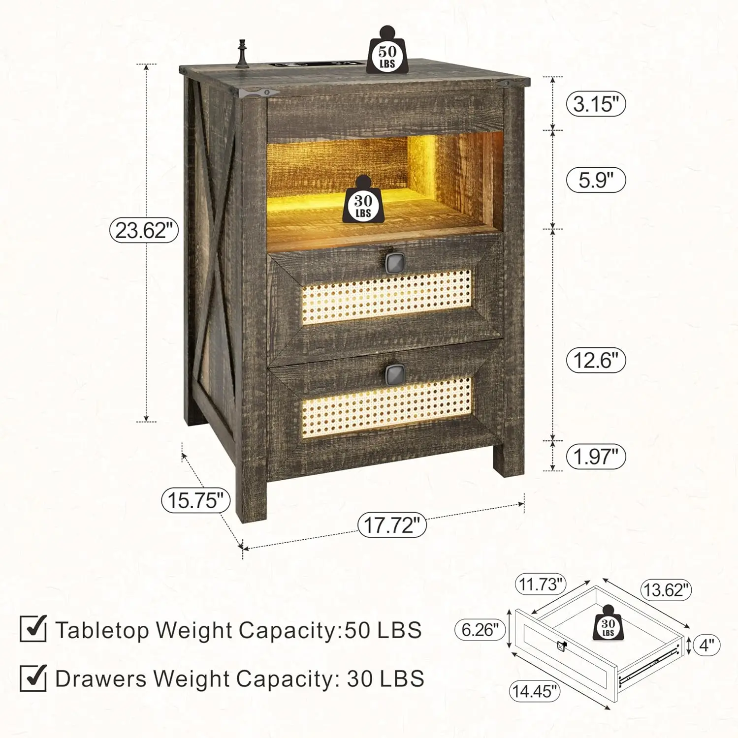 Nightstand with Gun Drawer, End Table with Charging Station, LED Bedside Table with Human Sensor Light, Rattan Night