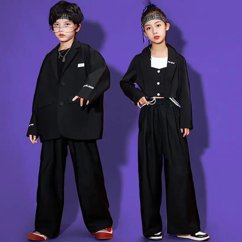 

Fashion Kids Suit Black Coat Pants Girls Catwalk Concert Outfits Hip Hop Dance Clothing Boys Drums Show Stage Costume