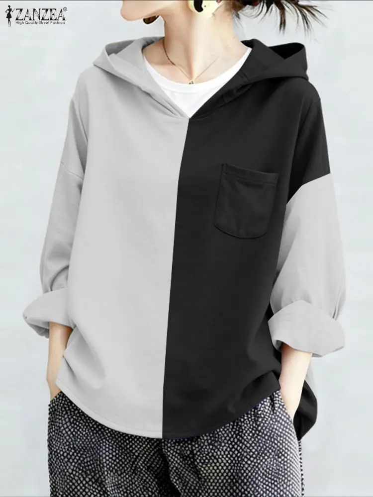 ZANZEA Modna Damska Bluzka z Długim Rękawem i Kapturem 2026 Jesień Kontrastowe Kolory Bluzki Codzienne Wiosenne Koszule Patchworkowe Pulowery