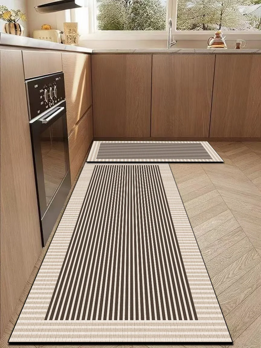 New Thin Horizontal Stripe With Double Checked Border Kitchen & Bath Mat, Non-Slip, High Water Absorbent, Easy to Clean.