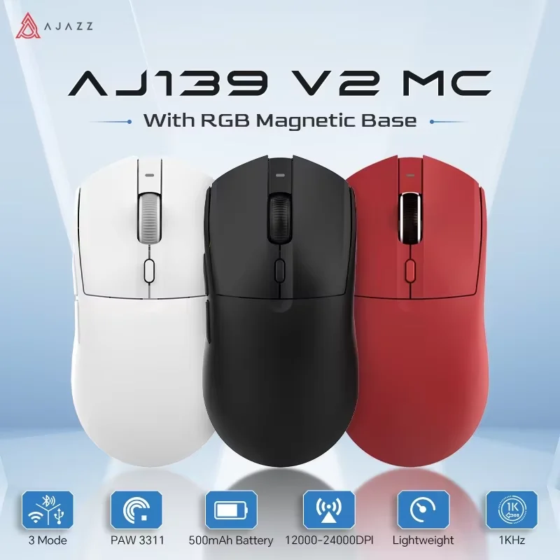  AJAZZ AJ139 V2 MC PAW3311 Wireless Gaming Mouse with RGB Magnetic Charging Base 24000DPI Bluetooth/Wired Mice,PC Gamer 