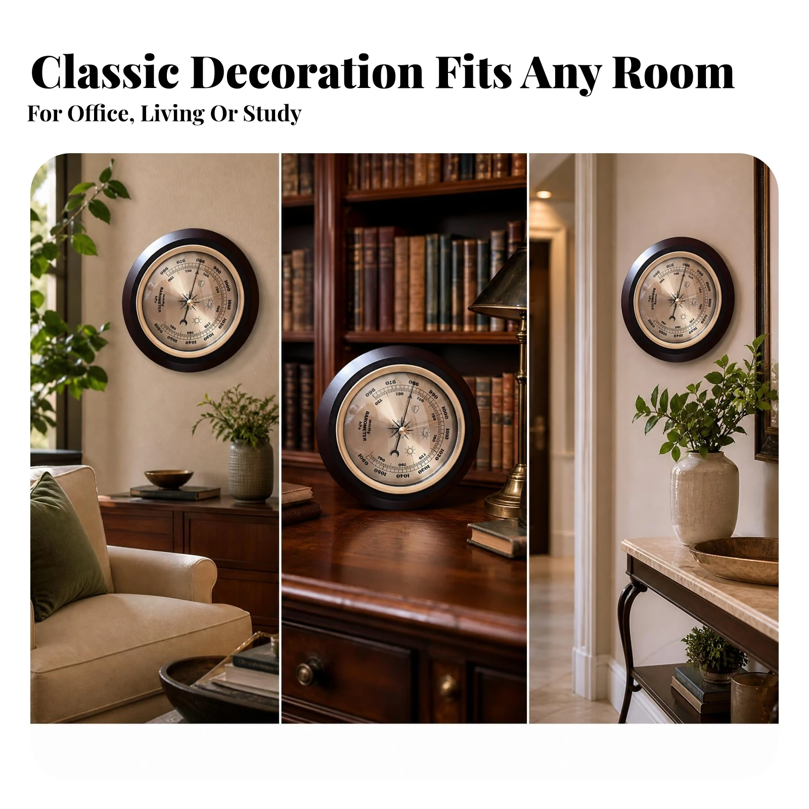 Round Wall Weather Gauge Glass Front Wood-Look Weather Gauge Wall Mounted Weather Gauge Compass Motif Pressure Markings