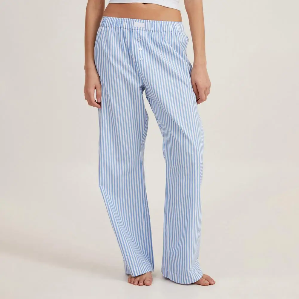 

Women Elastic Waist Pants Striped Print Wide Leg Women's Pants With Elastic Waist Pocket Stylish Mid-rise Trousers For Leisure