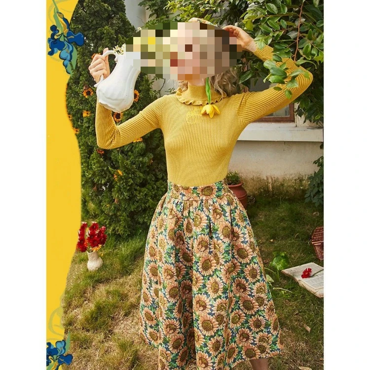 Korejepo Van Gogh Bottoms 2024 Autumn New Retro Sunflower Jacquard High Waist Skirts Goddess Gentle Princess Flowers Skirt