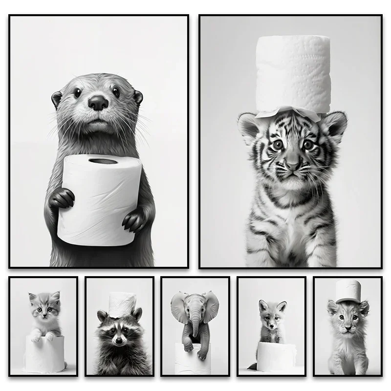 Room Murals Wall Art Poster Otter Cat Tiger Canvas Painting Funny Bathroom Home Decor Cute Animals Toilet Paper Living