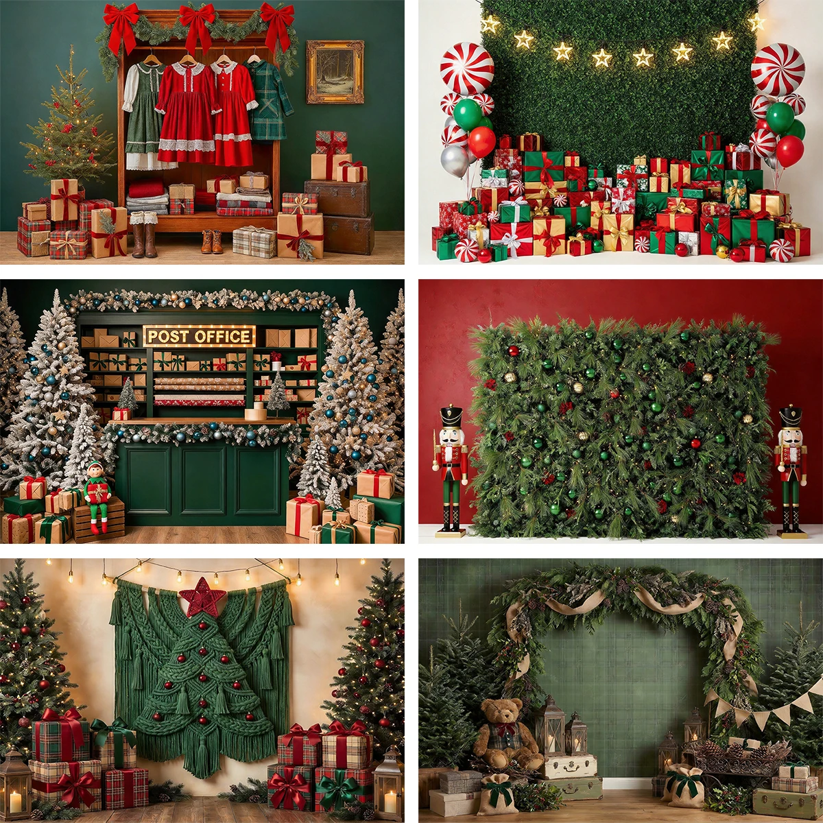 Vintage Green Christmas Nutcracker Gift Box Tree Decor Post Office Photo Backdrop For Holiday Family Kids Portrait Photo Studio