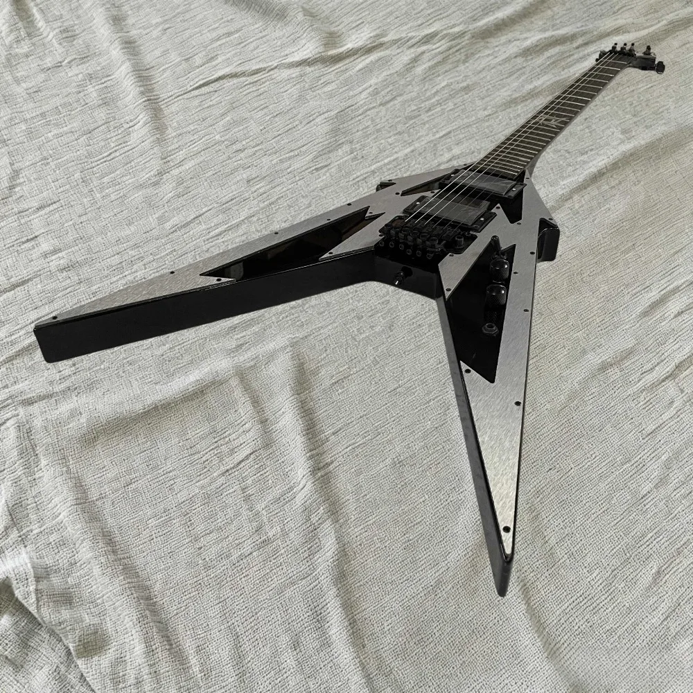 V Shape Electric Guitar, Silver Black Geometric Pattern, Aluminum Front Plate, Tremolo Bridge, HH Pickups, Black Hardware