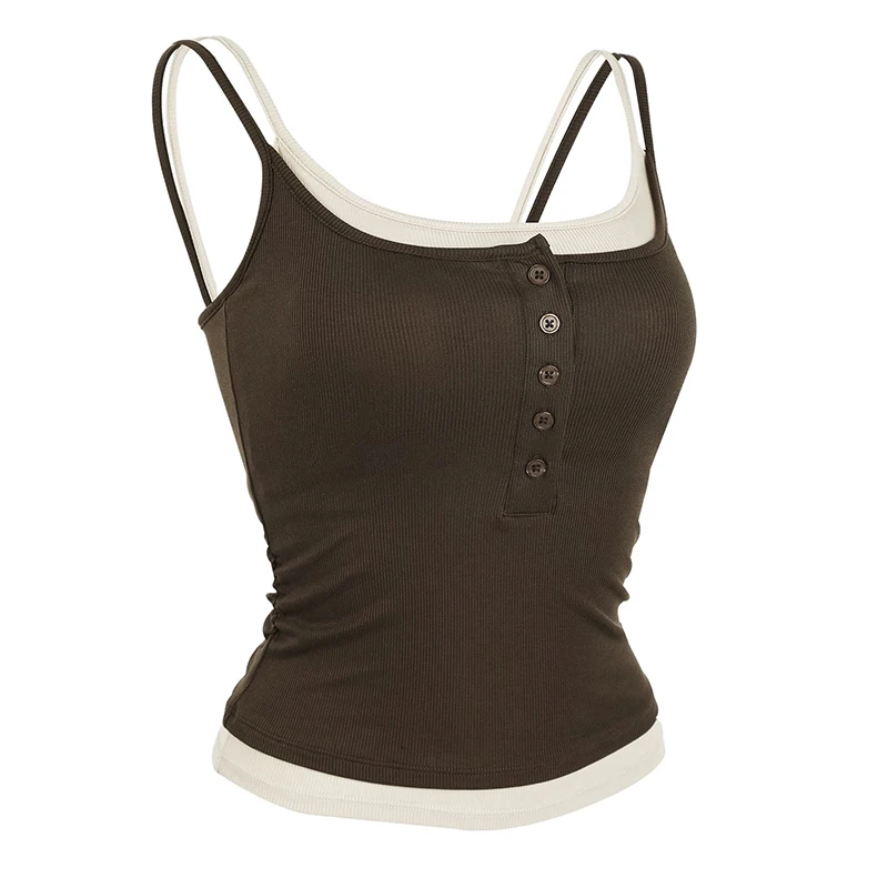 Color-Block Faux Two-Piece Sporty Ribbed Bralette with Built-In Chest Pads Lyocell Backless Vest Outerwear for Yoga