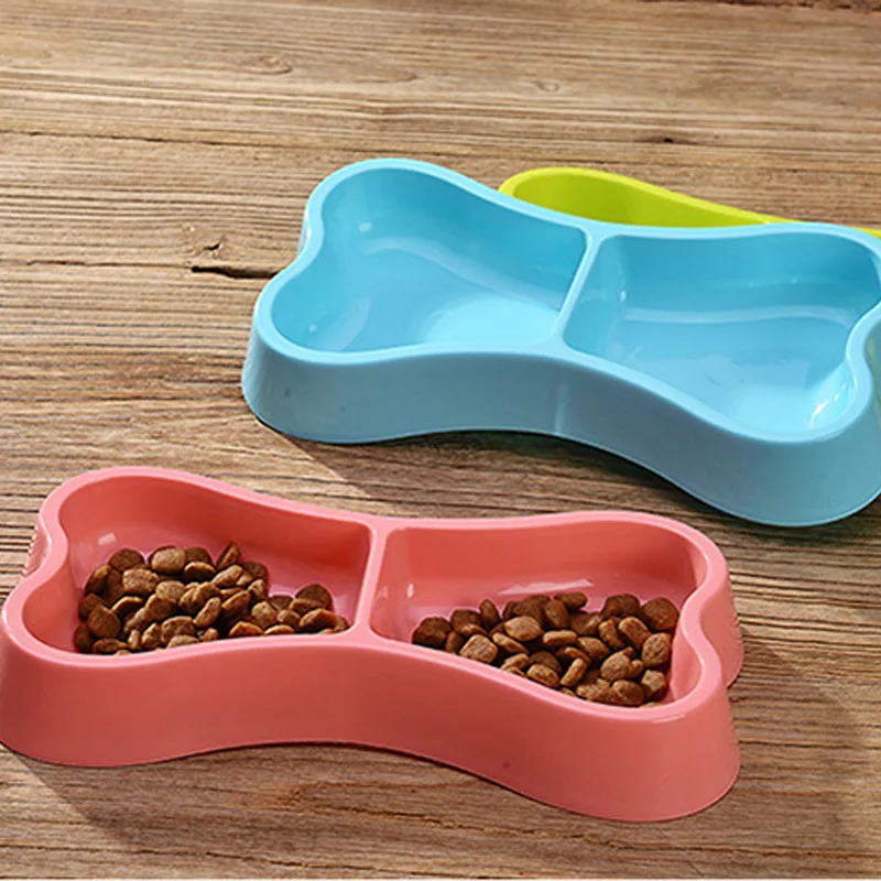 Home Dog Pet Feeder Bowls Safety Plastic Bowl Double Eating Drinking Bone Shaped Bowl Pet Dog Dish Feeder Feeding Tools