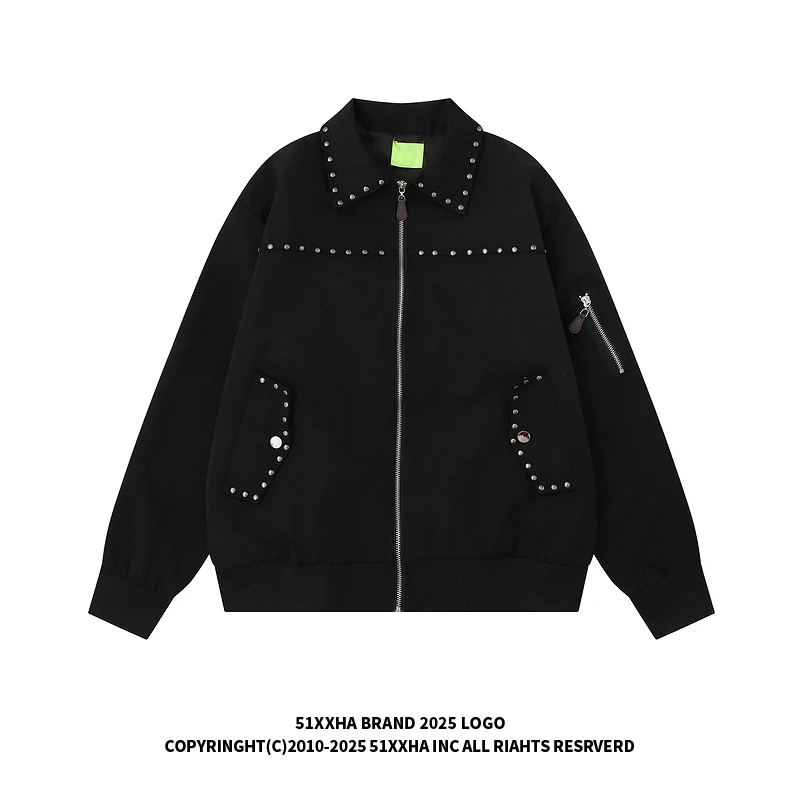 Autumn New Heavy Beaded Design Hooded Sweatshirt Loose Casual American High Street Zipper Turn-Down Collar Couple Jacket Unisex