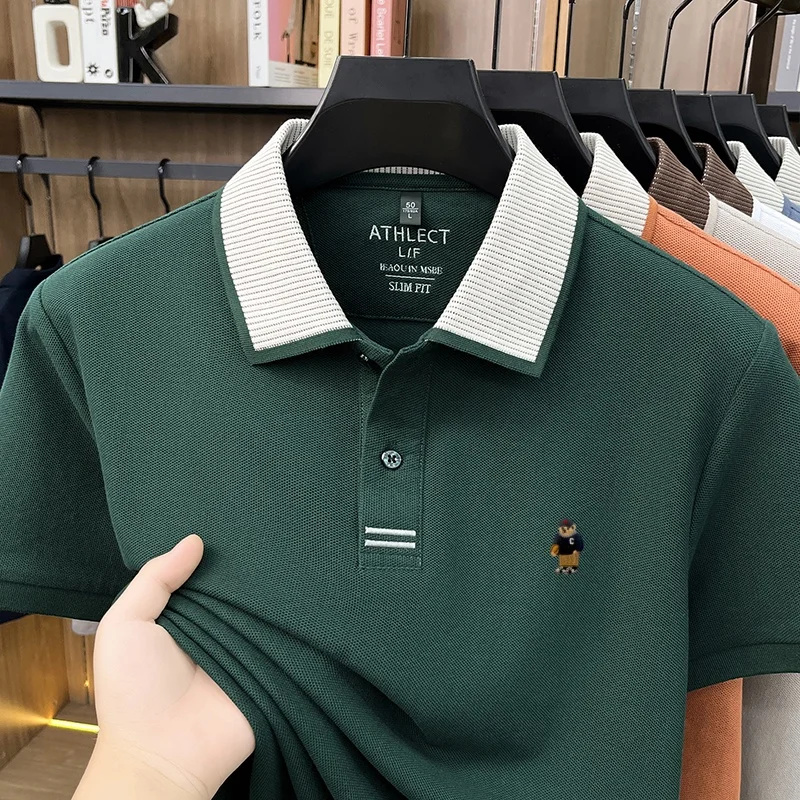 Luxuriöses 100% Baumwoll-Kurzarm-Poloshirt für Herren, neuer Trend, Marken-Cartoon-Bären-Stickerei, atmungsaktives, bequemes, lässiges Sommer-T-Shirt – Detail 19