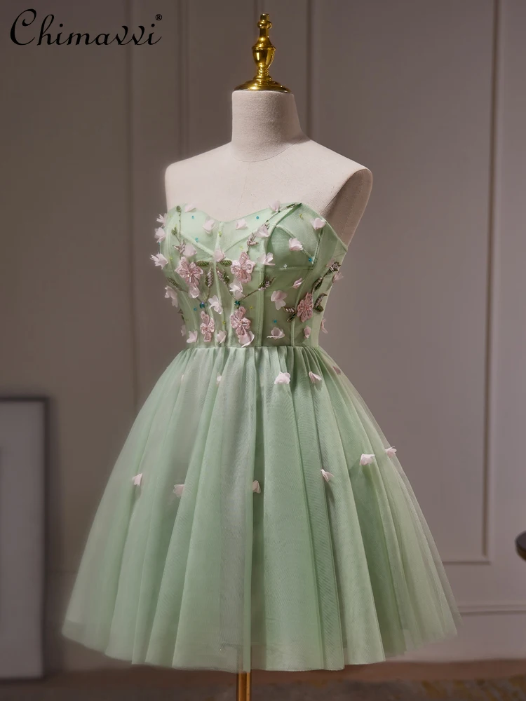 

Green Strapless Princess Dress 3D Applique Embroidery Beaded V-neck Sleeveless Backless Birthday Short Dresses Women 2024 Summer