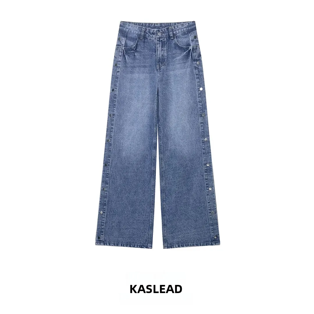 KASLEAD High Waist Loose Fit Straight Leg Jeans Button Detail Women's Fashion New Style Polyester Fiber Zipper Closure