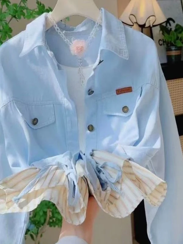 

Faionable Splice Fake Two-Piece Collar irt Jaet Women's Spring Autumn Light Blue Ele Age-Reducing Outerwear