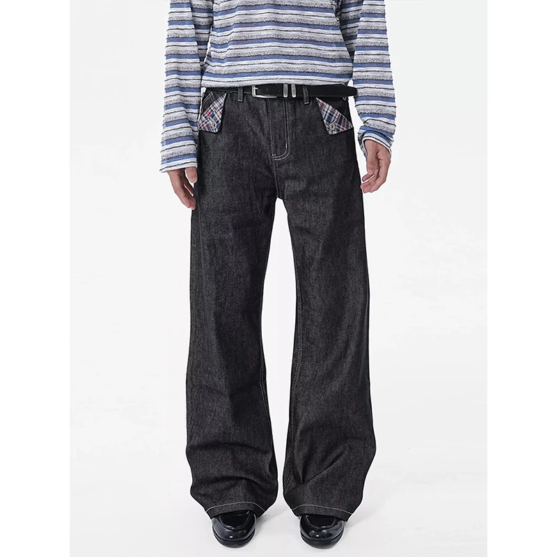 Men American Vintage Denim Red Stitch Raw Black Straight Micro Flare Jeans Slim Fit Fashion Casual Stretch Long Denim Trousers