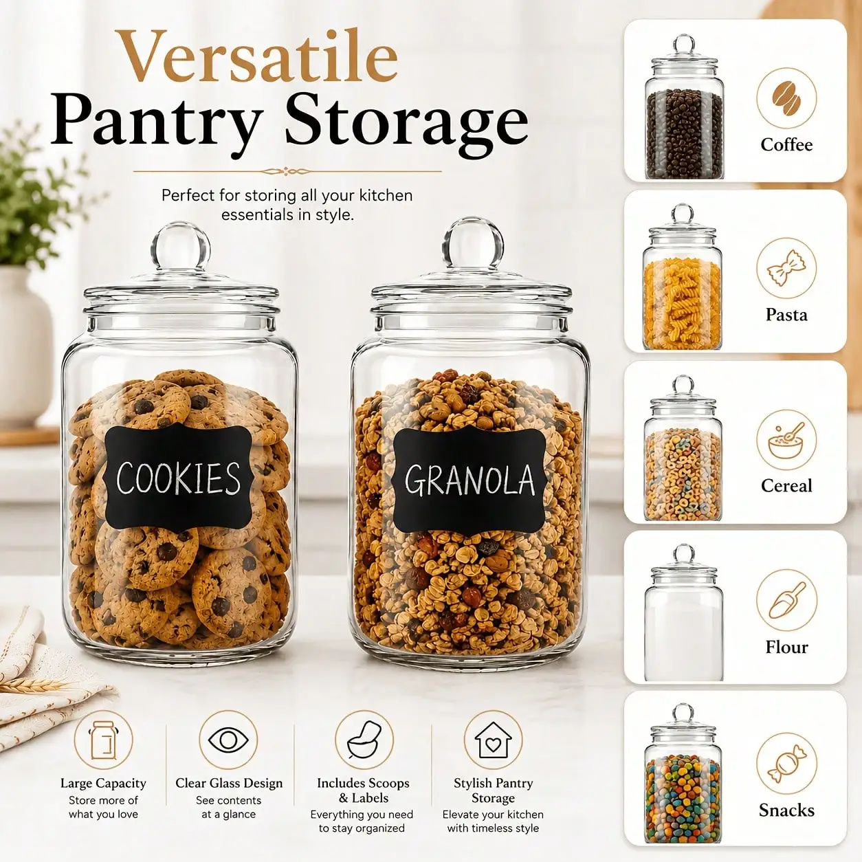 2-Piece Set Of Glass Storage Jars With Lids, 0.55-Gallon Transparent Food Jars With Chalkboard Labels, Measuring Spoons, And Markers, Large Kitchen Food Storage Containers Suitable For Cookies, Granola, Pasta, Flour, Snacks