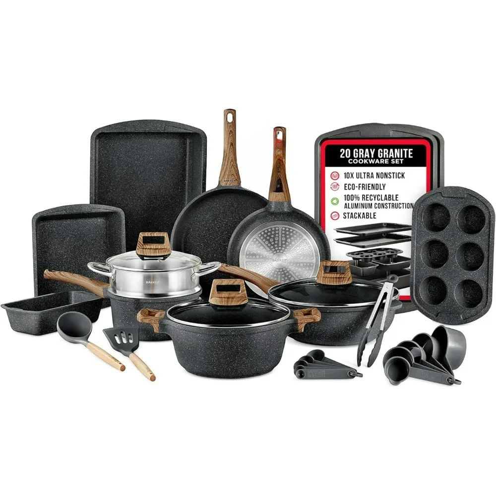 

20 Piece Kitchen Cookware Set, Granite Non-Stick Eco Friendly for All Stoves Adn Oven-Safe Marble Coating, Pots and Pans Sets