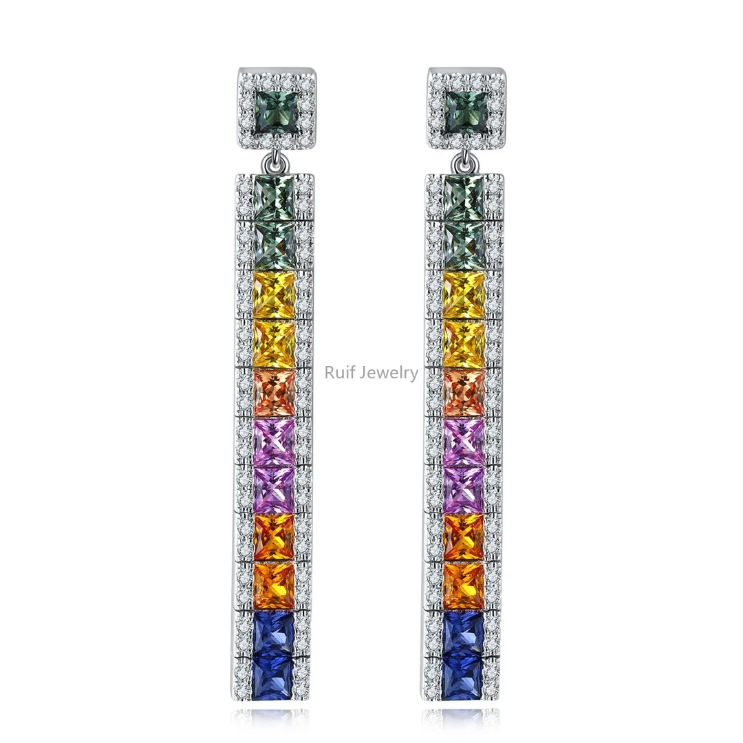 

Ruif High Quality 925 Silver Lab Created Gradient Rainbow Sapphire Earrings for Women Temperament Party Anniversary Gift Set